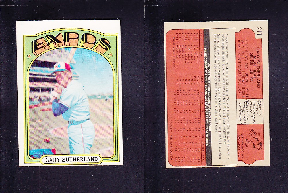 1972 O-PEE-CHEE BASEBALL CARD #211 G. SUTHERLAND photo