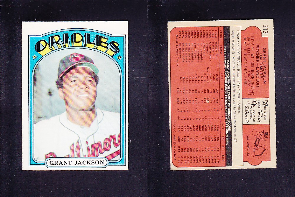 1972 O-PEE-CHEE BASEBALL CARD #212 G. JACKSON photo