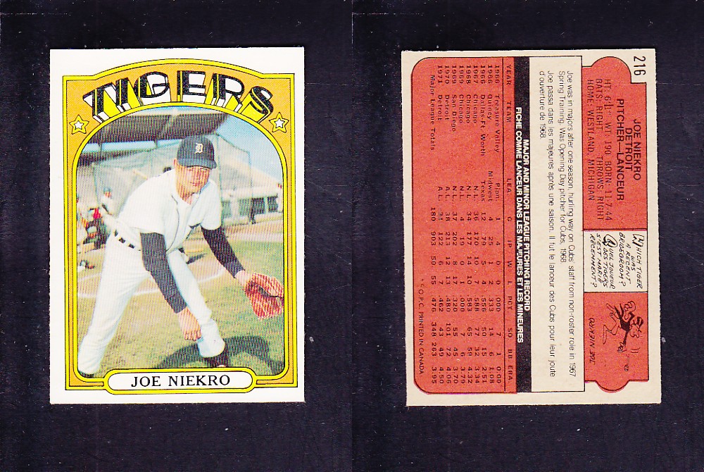 1972 O-PEE-CHEE BASEBALL CARD #216 J. NIEKRO photo