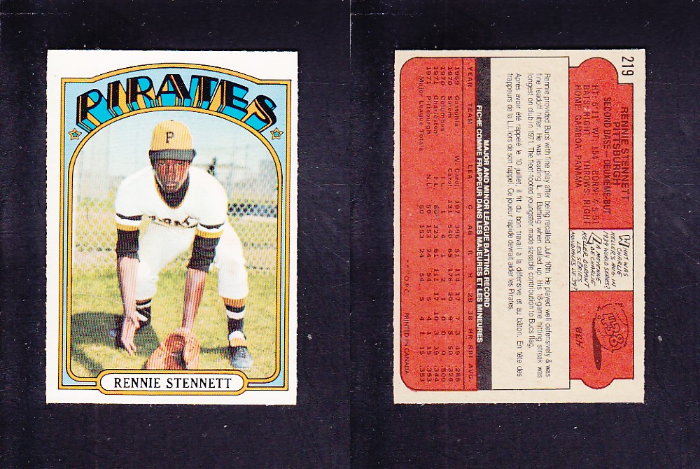 1972 O-PEE-CHEE BASEBALL CARD #219 R. STENNETT photo