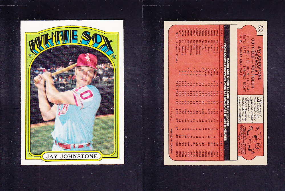 1972 O-PEE-CHEE BASEBALL CARD #233 J. JOHNSTONE photo