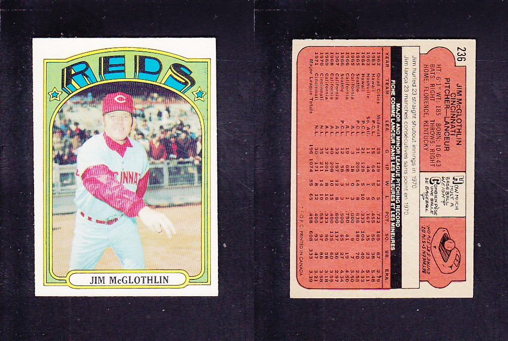 1972 O-PEE-CHEE BASEBALL CARD #236 J. McGLOTHLIN photo