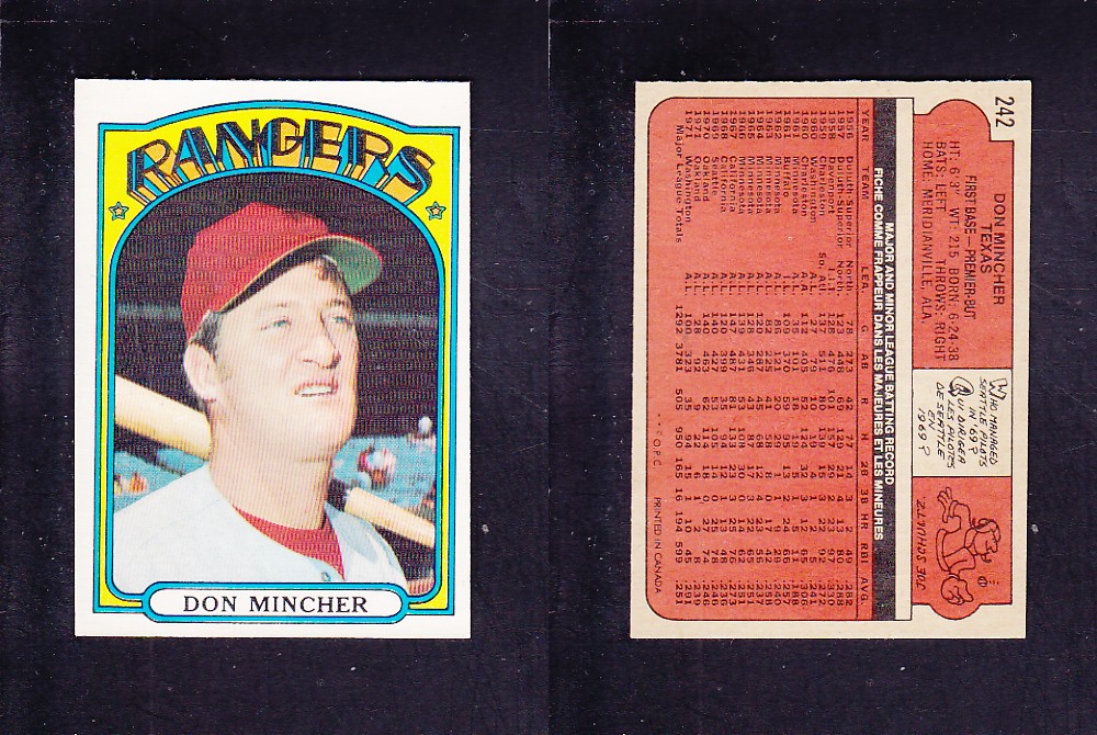 1972 O-PEE-CHEE BASEBALL CARD #242 D. MINCHER photo