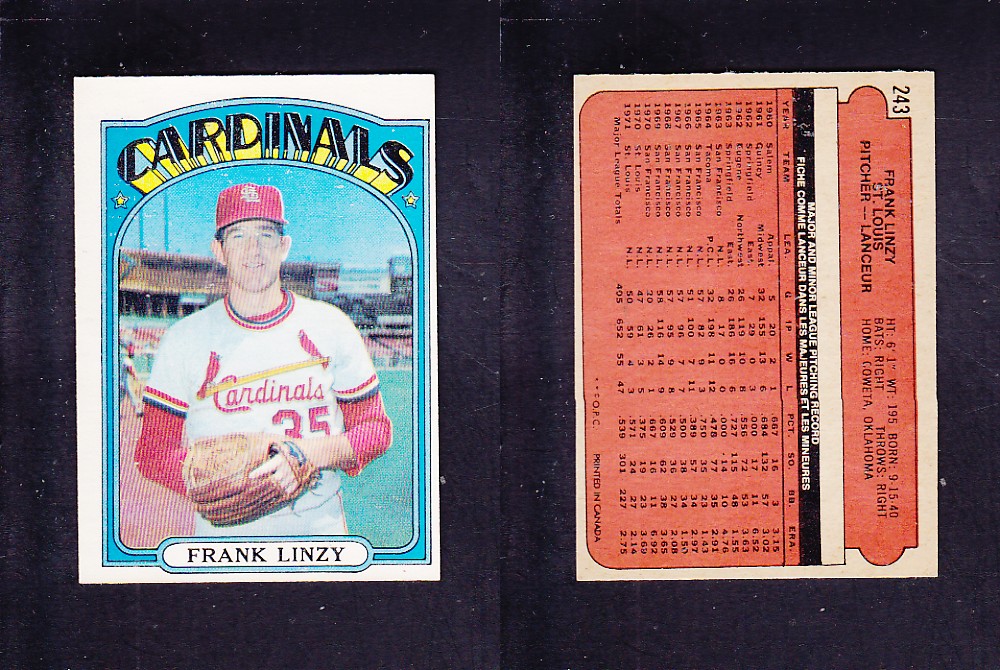 1972 O-PEE-CHEE BASEBALL CARD #243 F. LINZY photo