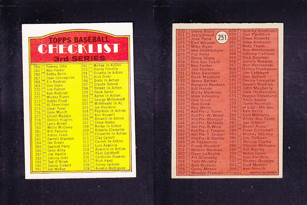 1972 O-PEE-CHEE BASEBALL CARD #251 3RD SERIES CHECKLIST photo