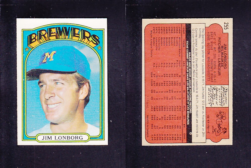 1972 O-PEE-CHEE BASEBALL CARD #255 J. LONBORG photo