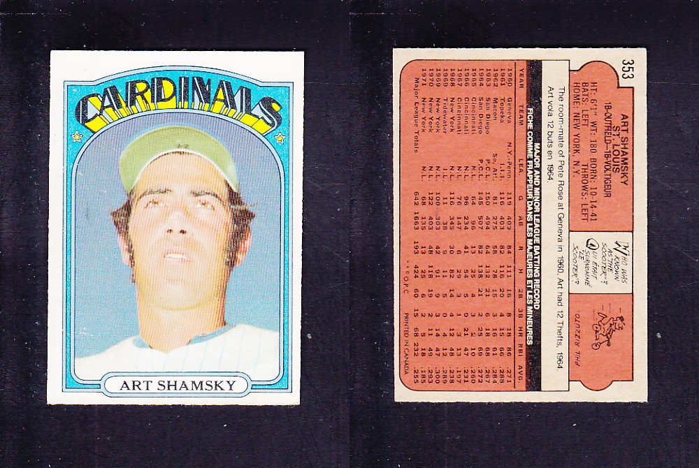 1972 O-PEE-CHEE BASEBALL CARD #353 A. SHAMSKY photo