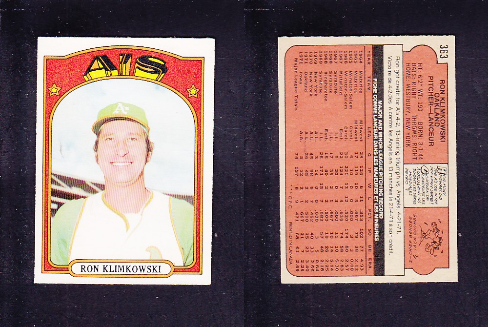 1972 O-PEE-CHEE BASEBALL CARD #363 R. KLIMKOWSKI photo