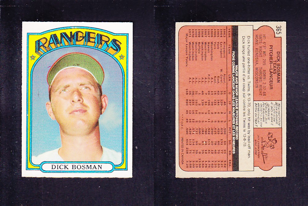 1972 O-PEE-CHEE BASEBALL CARD #365 D. BOSMAN photo