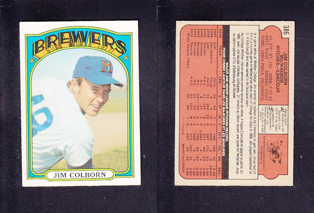 1972 O-PEE-CHEE BASEBALL CARD #386 J. COLBORN photo