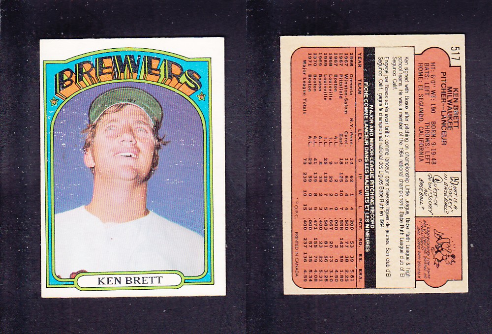 1972 O-PEE-CHEE BASEBALL CARD #517  K. BRETT photo