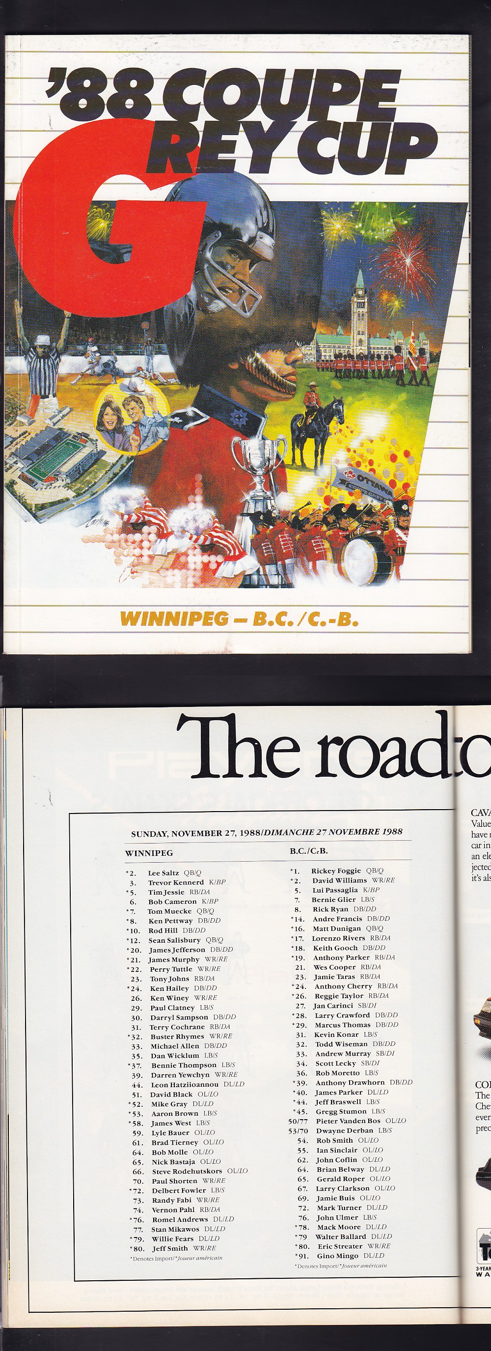 1988 CFL B.C. LIONS VS WINNIPEG GREY CUP PROGRAM photo