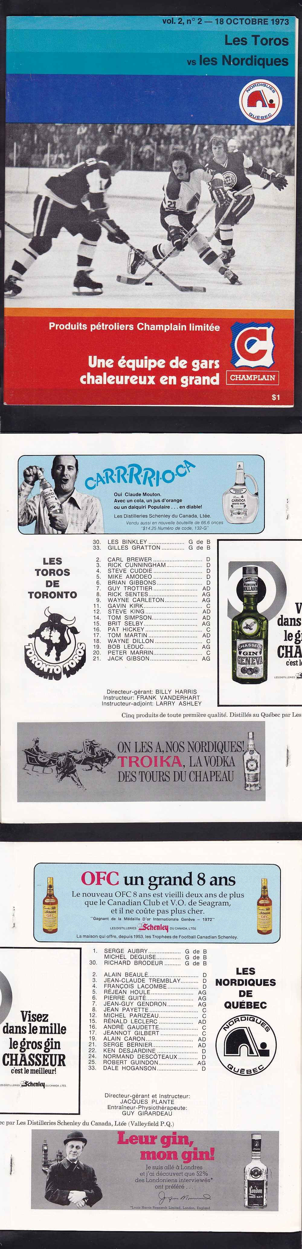 1973 WHA QUEBEC NORDIQUES VS TORONTO TOROS PROGRAM photo