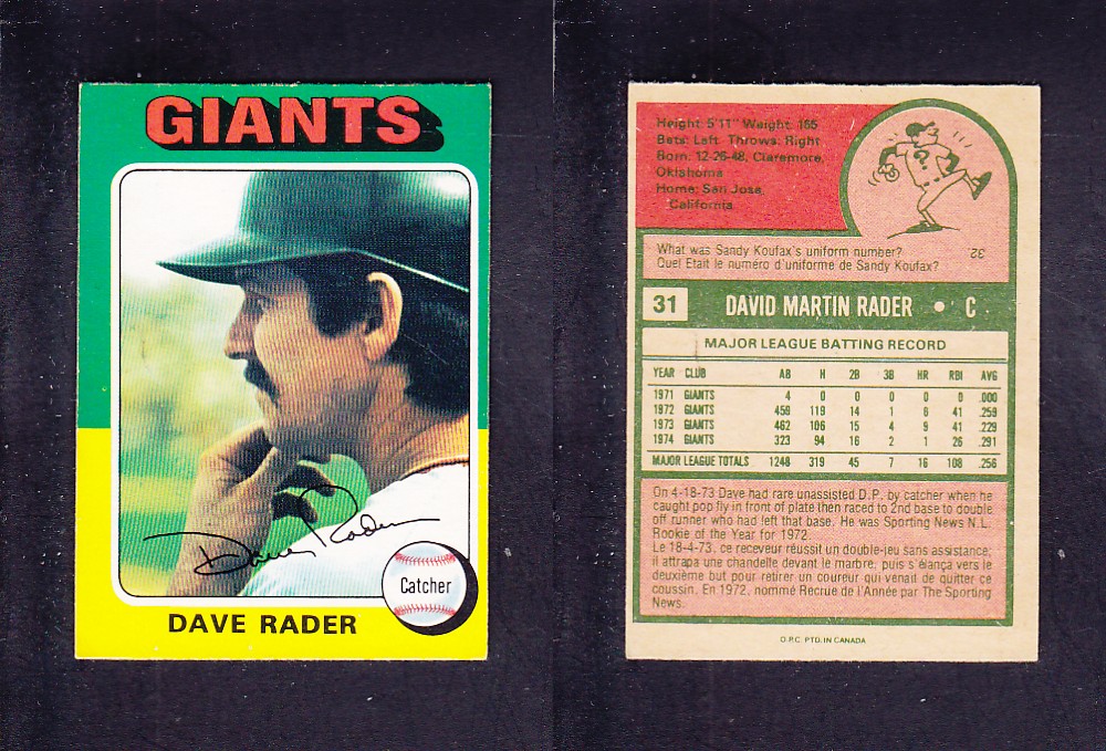 1975 O-PEE-CHEE BASEBALL CARD #31 D. RADER photo