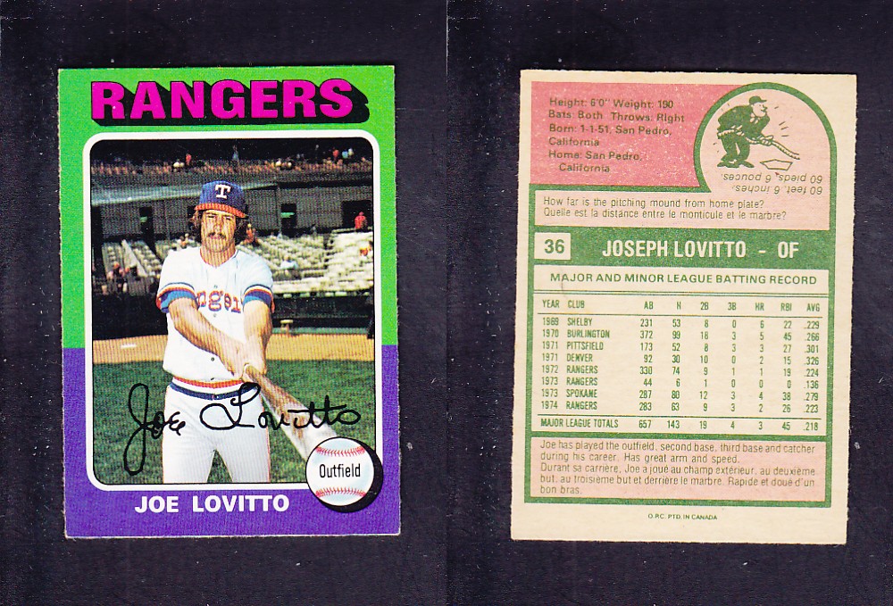 1975 O-PEE-CHEE BASEBALL CARD #36 J. LOVITTO photo