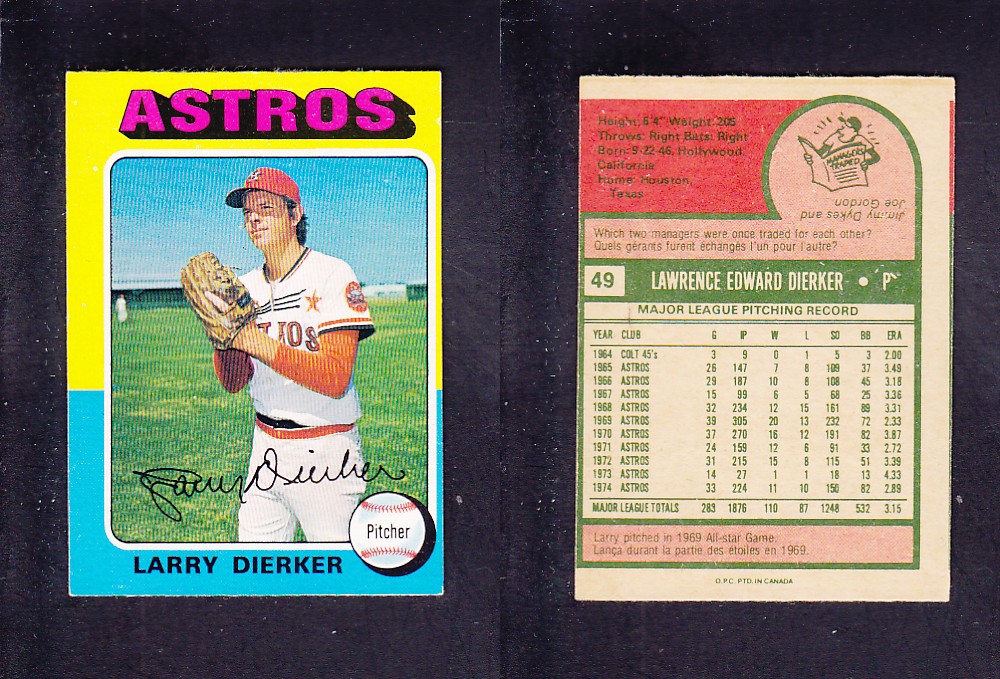 1975 O-PEE-CHEE BASEBALL CARD #49 L. DIERKER photo