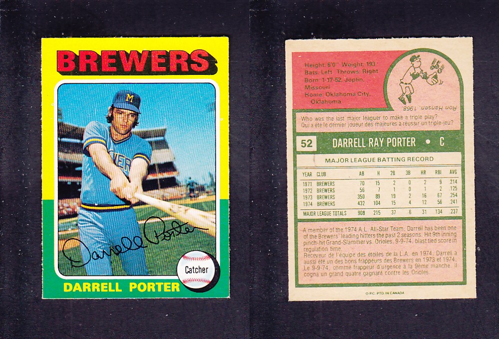 1975 O-PEE-CHEE BASEBALL CARD #52 D. PORTER photo