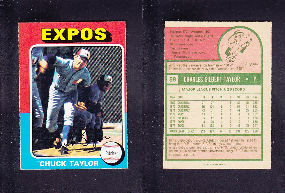 1975 O-PEE-CHEE BASEBALL CARD #58 C. TAYLOR photo