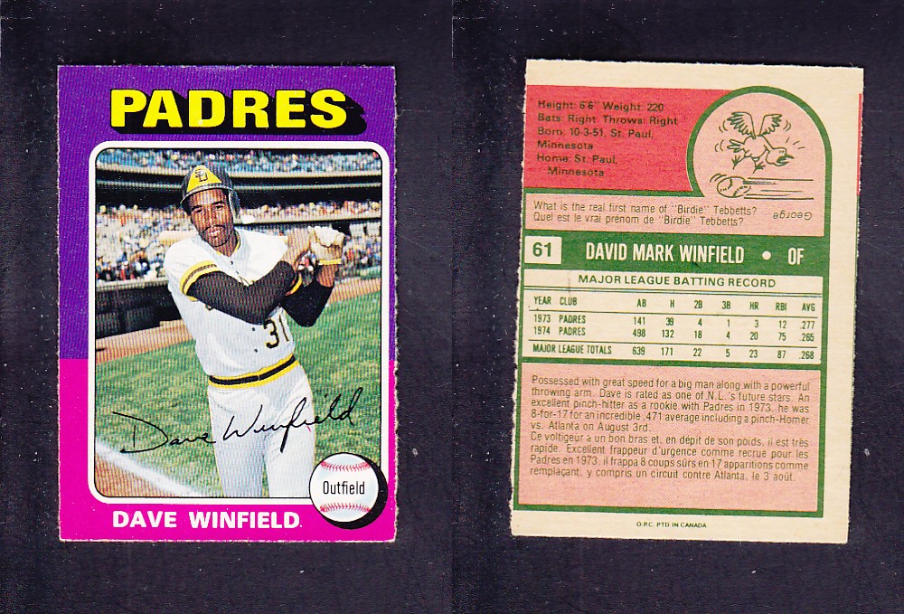 1975 O-PEE-CHEE BASEBALL CARD #61 D. WINFIELD photo