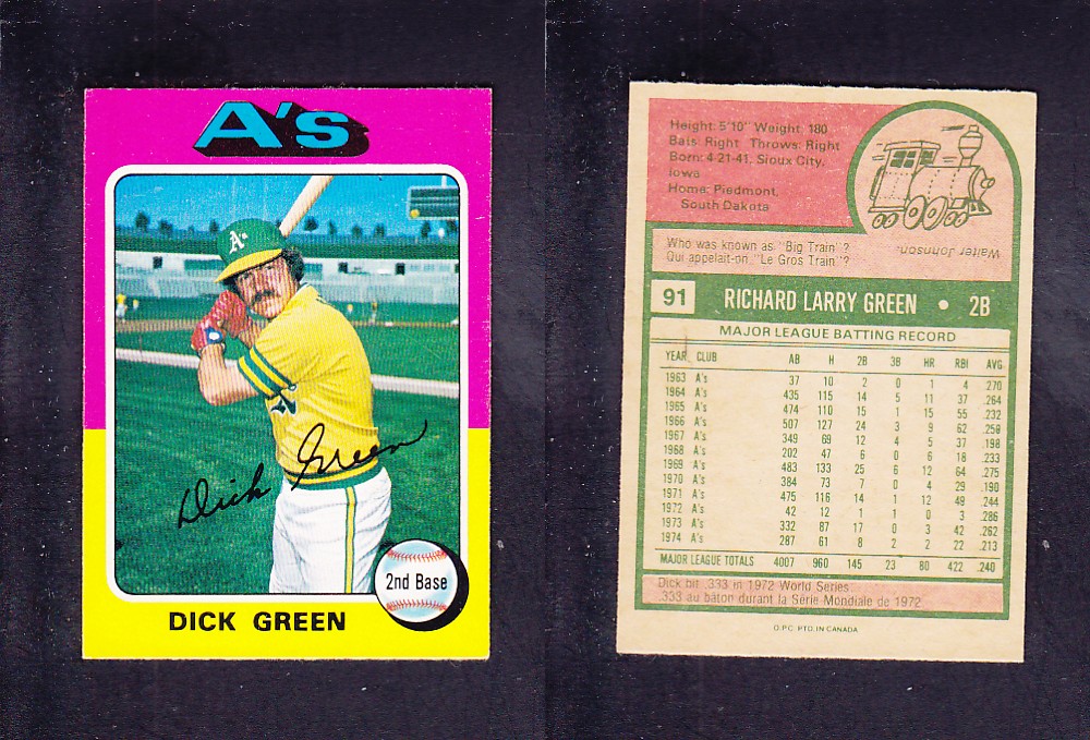 1975 O-PEE-CHEE BASEBALL CARD #91 D. GREEN photo