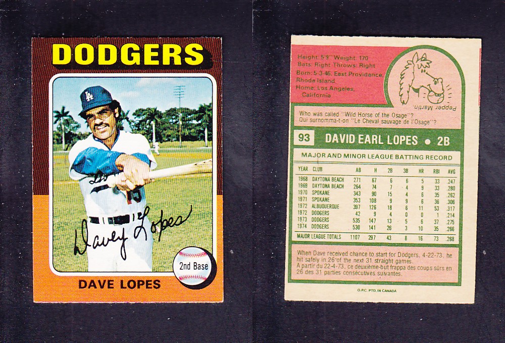 1975 O-PEE-CHEE BASEBALL CARD #93 D. LOPES photo