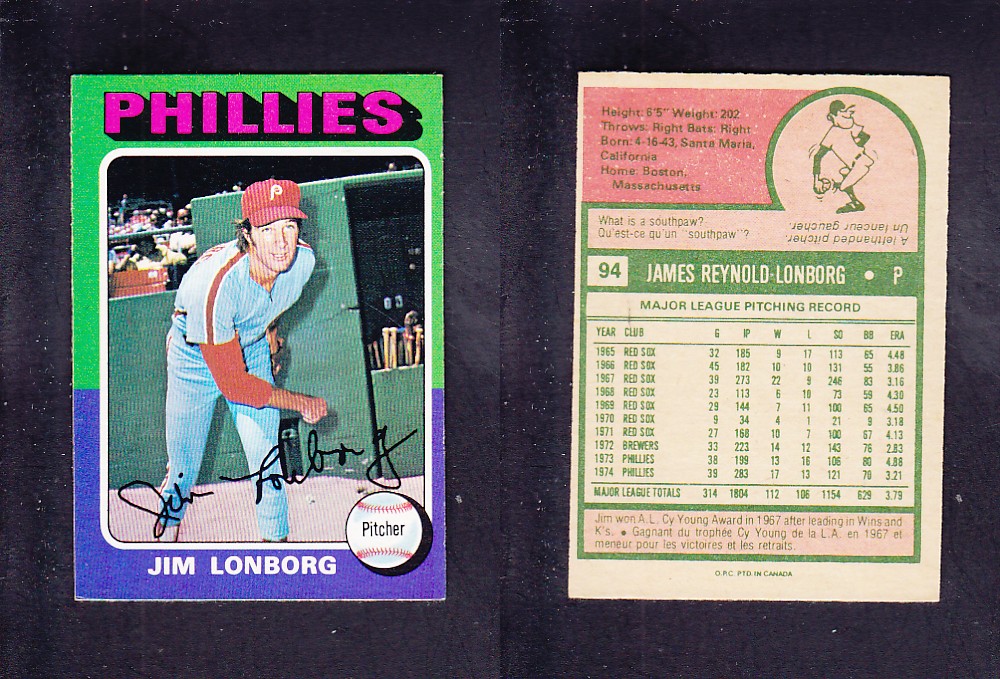 1975 O-PEE-CHEE BASEBALL CARD #94 J. LONBORG photo