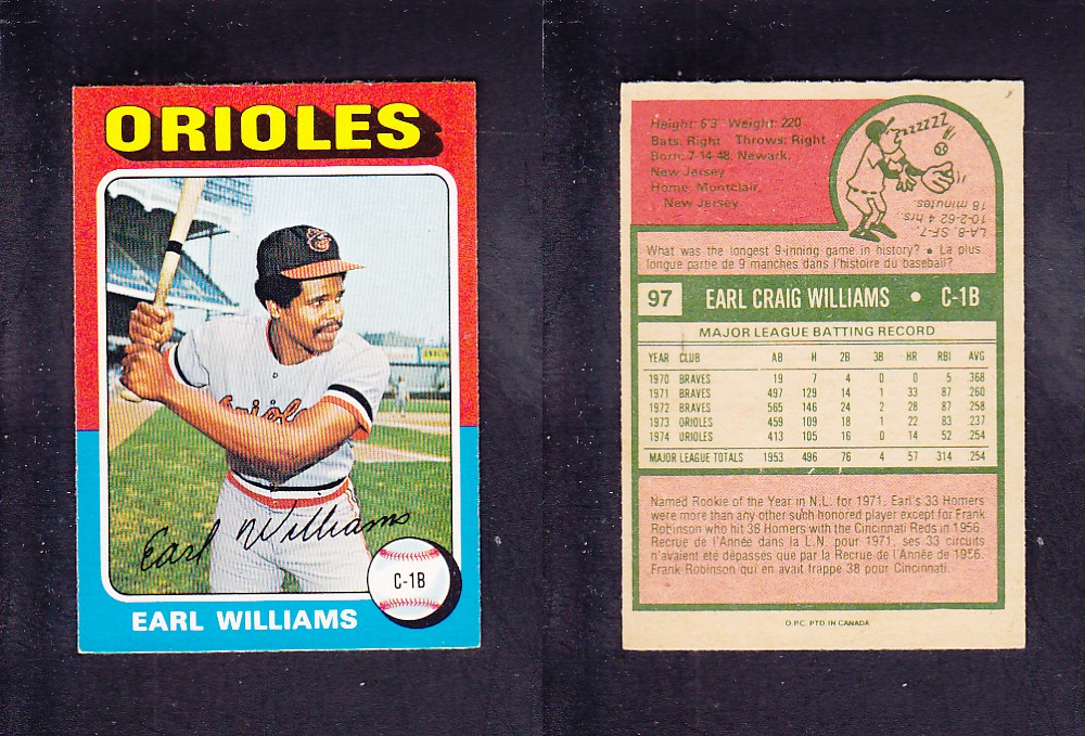 1975 O-PEE-CHEE BASEBALL CARD #97 E. WILLIAMS photo