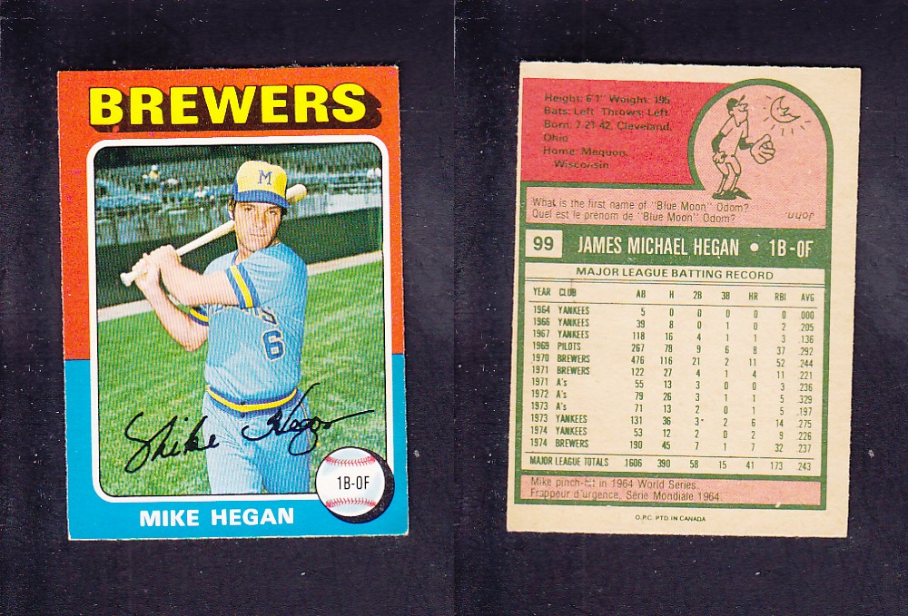 1975 O-PEE-CHEE BASEBALL CARD #99 M. HEGAN photo