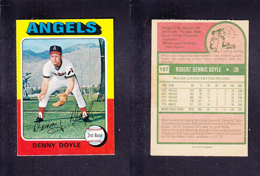 1975 O-PEE-CHEE BASEBALL CARD #187 D. DOYLE photo