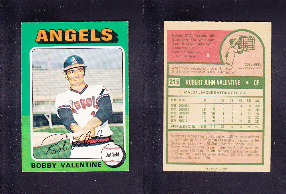 1975 O-PEE-CHEE BASEBALL CARD #215 B. VALENTINE photo