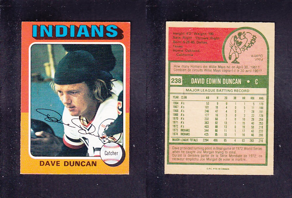 1975 O-PEE-CHEE BASEBALL CARD #238 D. DUNCAN photo