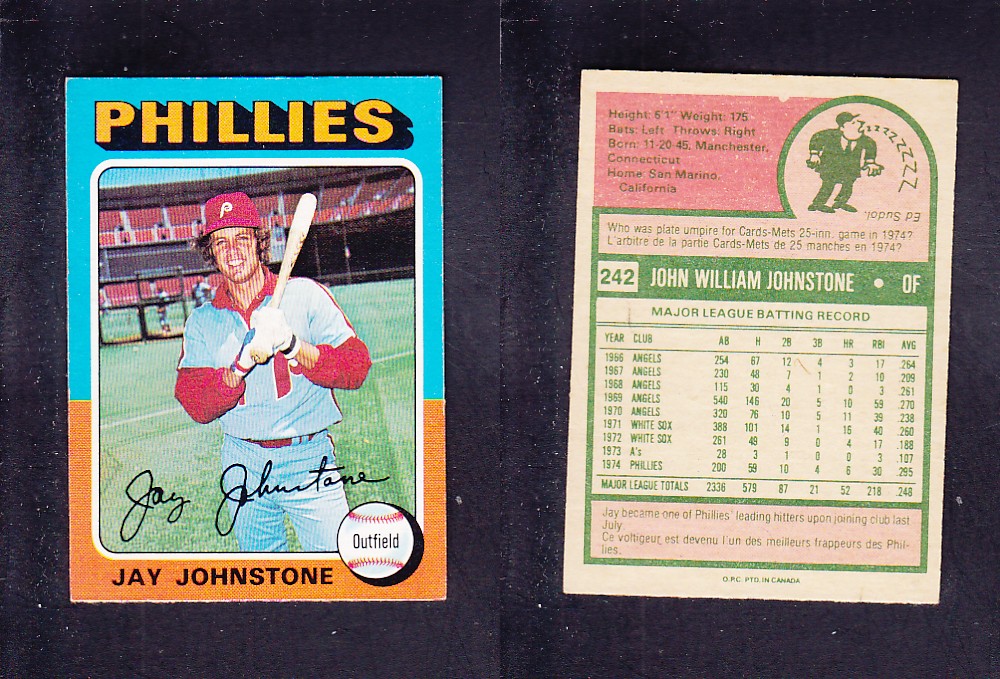 1975 O-PEE-CHEE BASEBALL CARD #242 J. JOHNSTONE photo