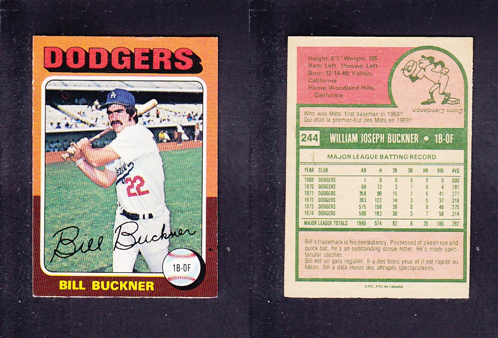 1975 O-PEE-CHEE BASEBALL CARD #244 B. BUCKNER photo