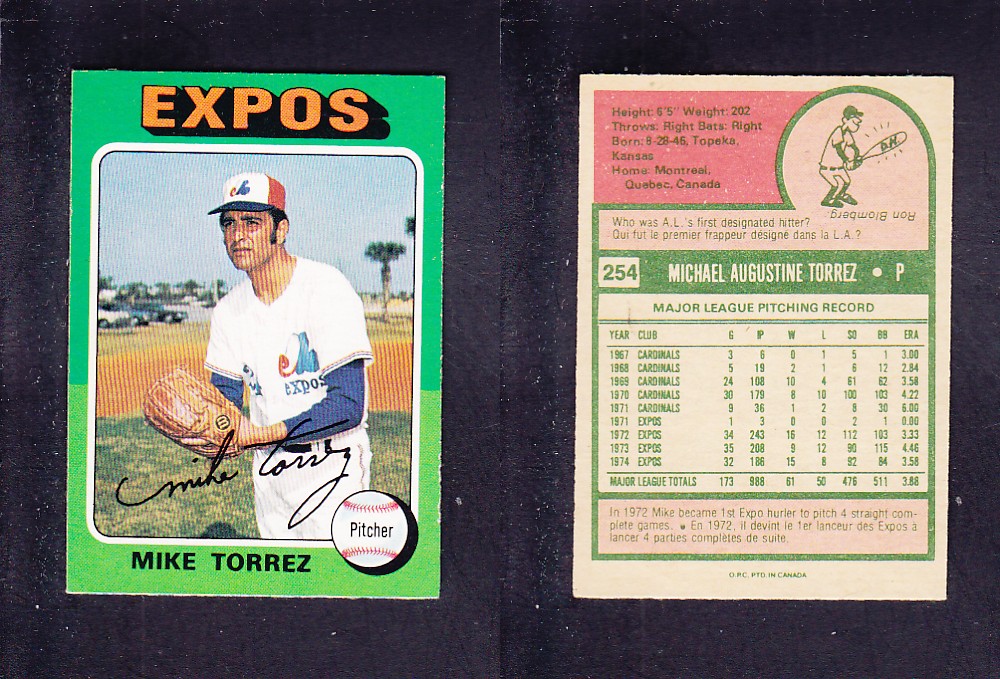 1975 O-PEE-CHEE BASEBALL CARD #254 M. TORREZ photo