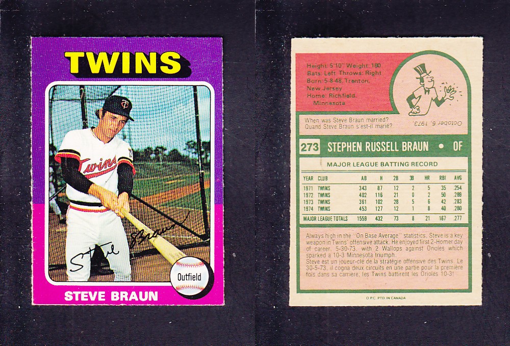 1975 O-PEE-CHEE BASEBALL CARD #273 S. BRAUN photo