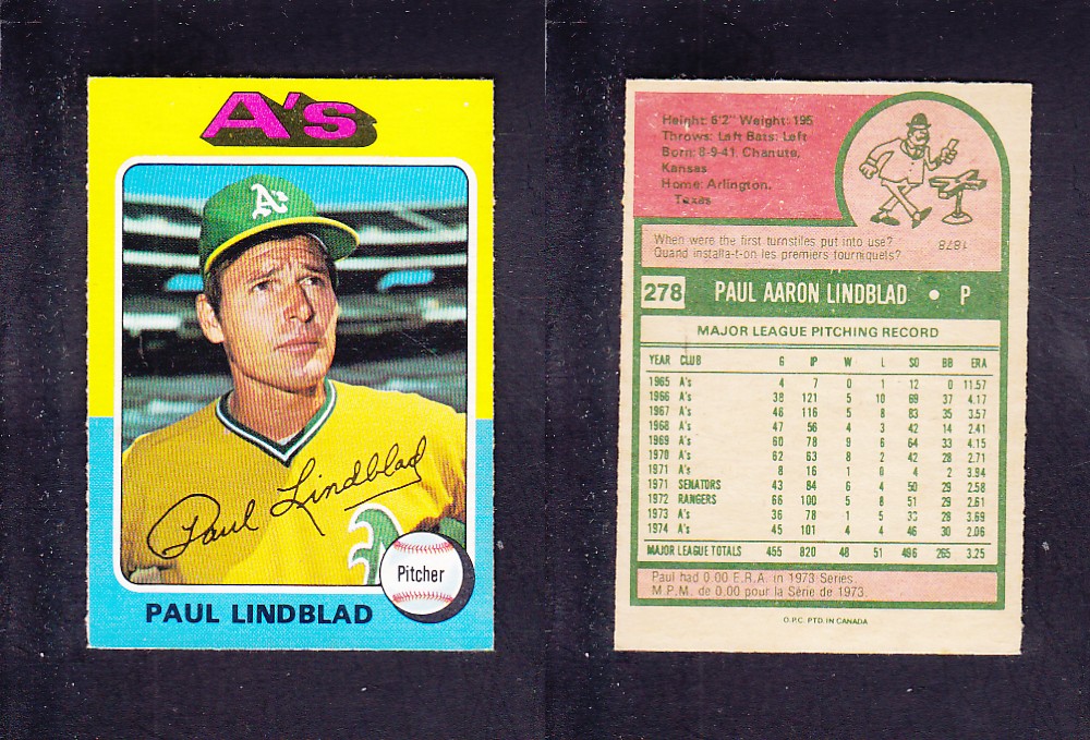 1975 O-PEE-CHEE BASEBALL CARD #278 P. LINDBLAD photo