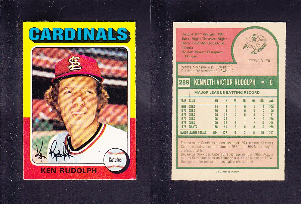 1975 O-PEE-CHEE BASEBALL CARD #289 K. RUDOLPH photo