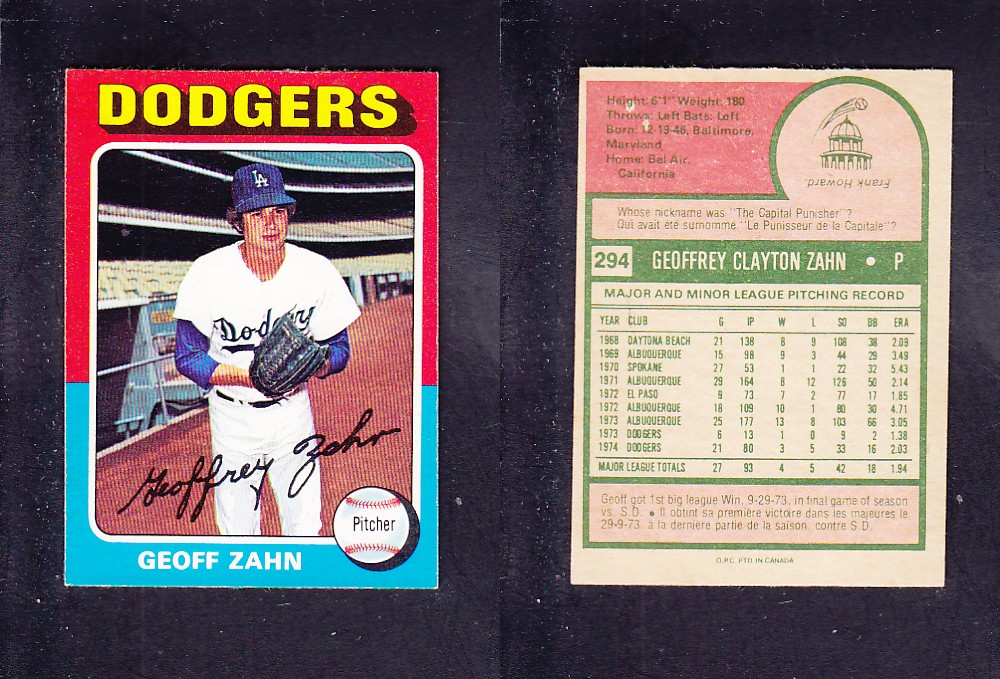 1975 O-PEE-CHEE BASEBALL CARD #294 G. ZAHN photo