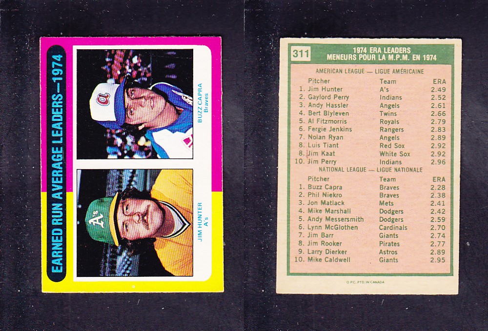 1975 O-PEE-CHEE BASEBALL CARD #311 EARNED RUN AVERAGE LEADERS photo