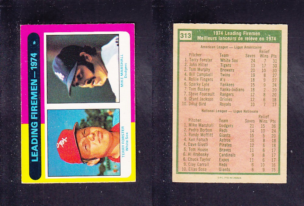 1975 O-PEE-CHEE BASEBALL CARD #313 LEADING FIREMEN photo