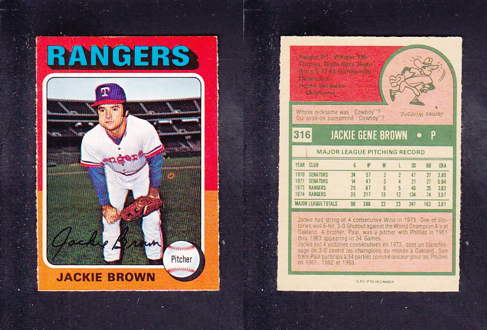 1975 O-PEE-CHEE BASEBALL CARD #316 J. BROWN photo