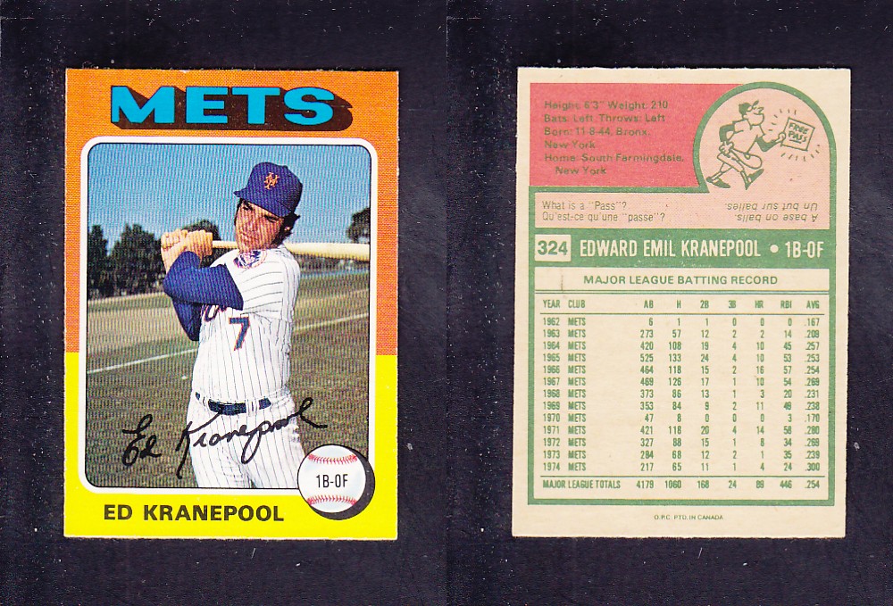 1975 O-PEE-CHEE BASEBALL CARD #324 E. KRANEPOOL photo