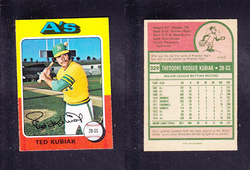 1975 O-PEE-CHEE BASEBALL CARD #329 T. KUBIAK photo