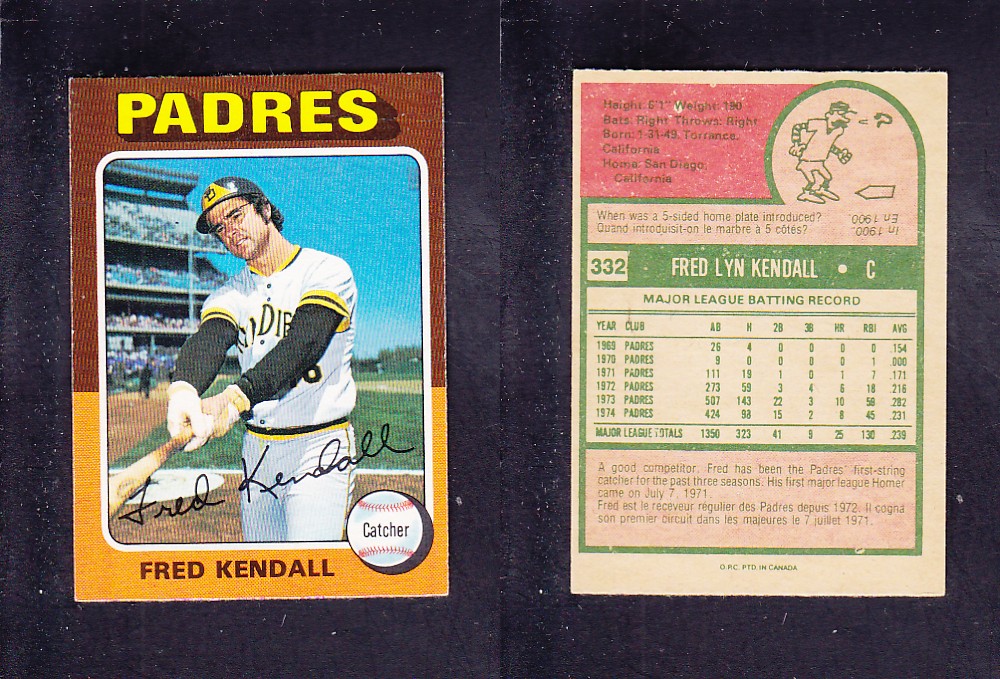 1975 O-PEE-CHEE BASEBALL CARD #332 F. KENDALL photo