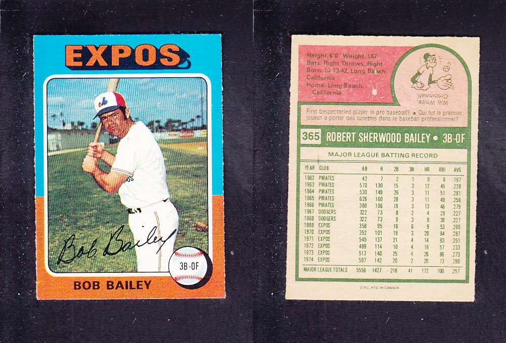 1975 O-PEE-CHEE BASEBALL CARD #365 B. BAILEY photo