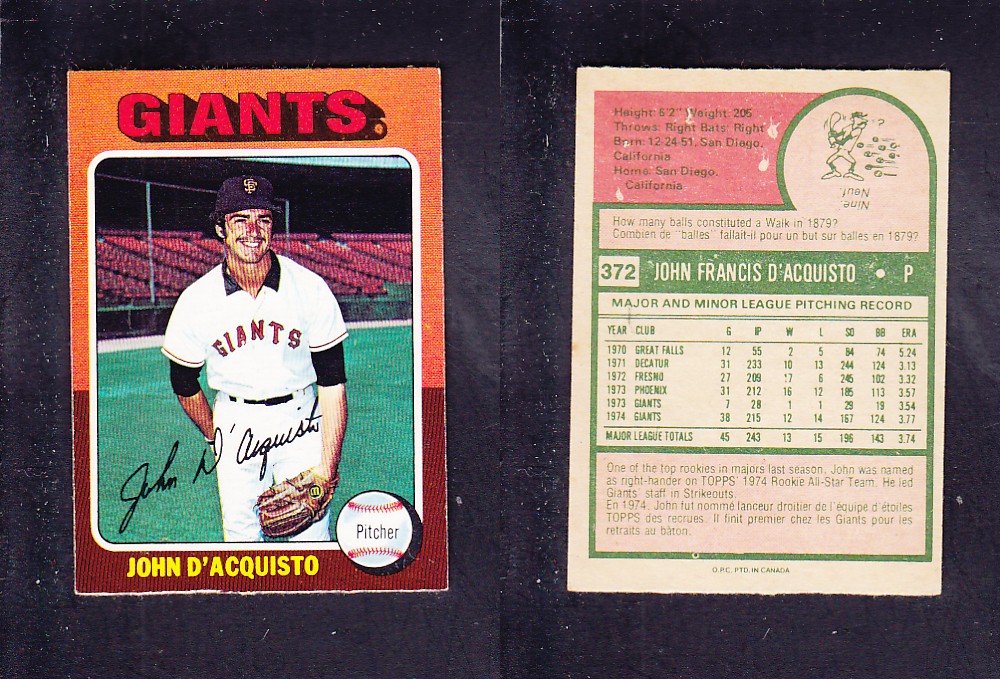 1975 O-PEE-CHEE BASEBALL CARD #372 J. D'ACQUISTO photo