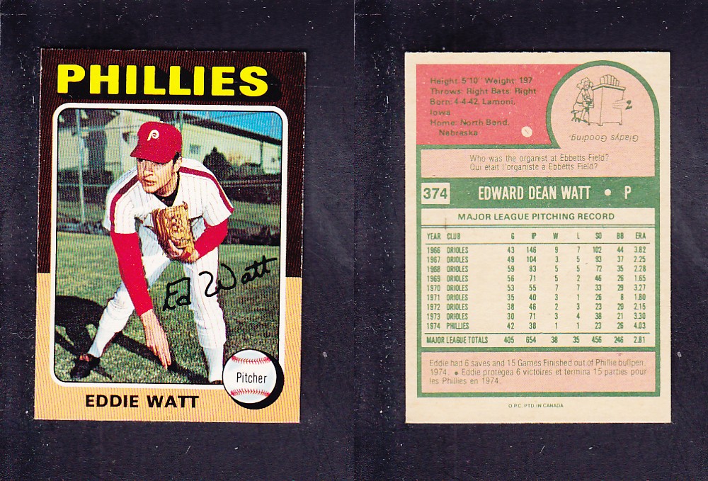 1975 O-PEE-CHEE BASEBALL CARD #374 E. WATT photo