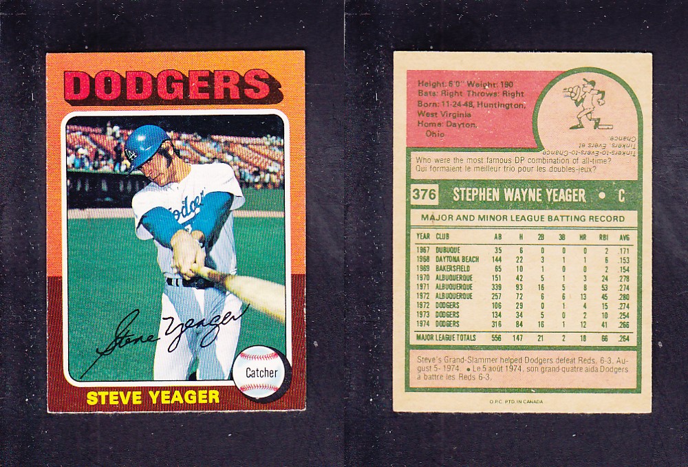 1975 O-PEE-CHEE BASEBALL CARD #376 S. YEAGER photo