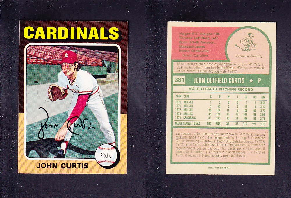 1975 O-PEE-CHEE BASEBALL CARD #381 J. CURTIS photo