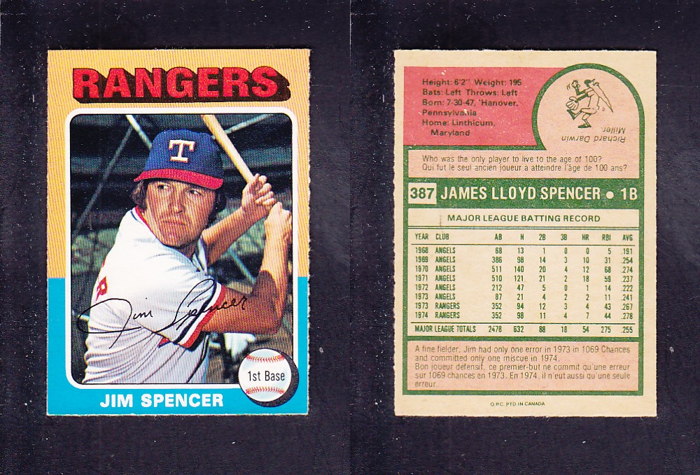 1975 O-PEE-CHEE BASEBALL CARD #387 J. SPENCER photo